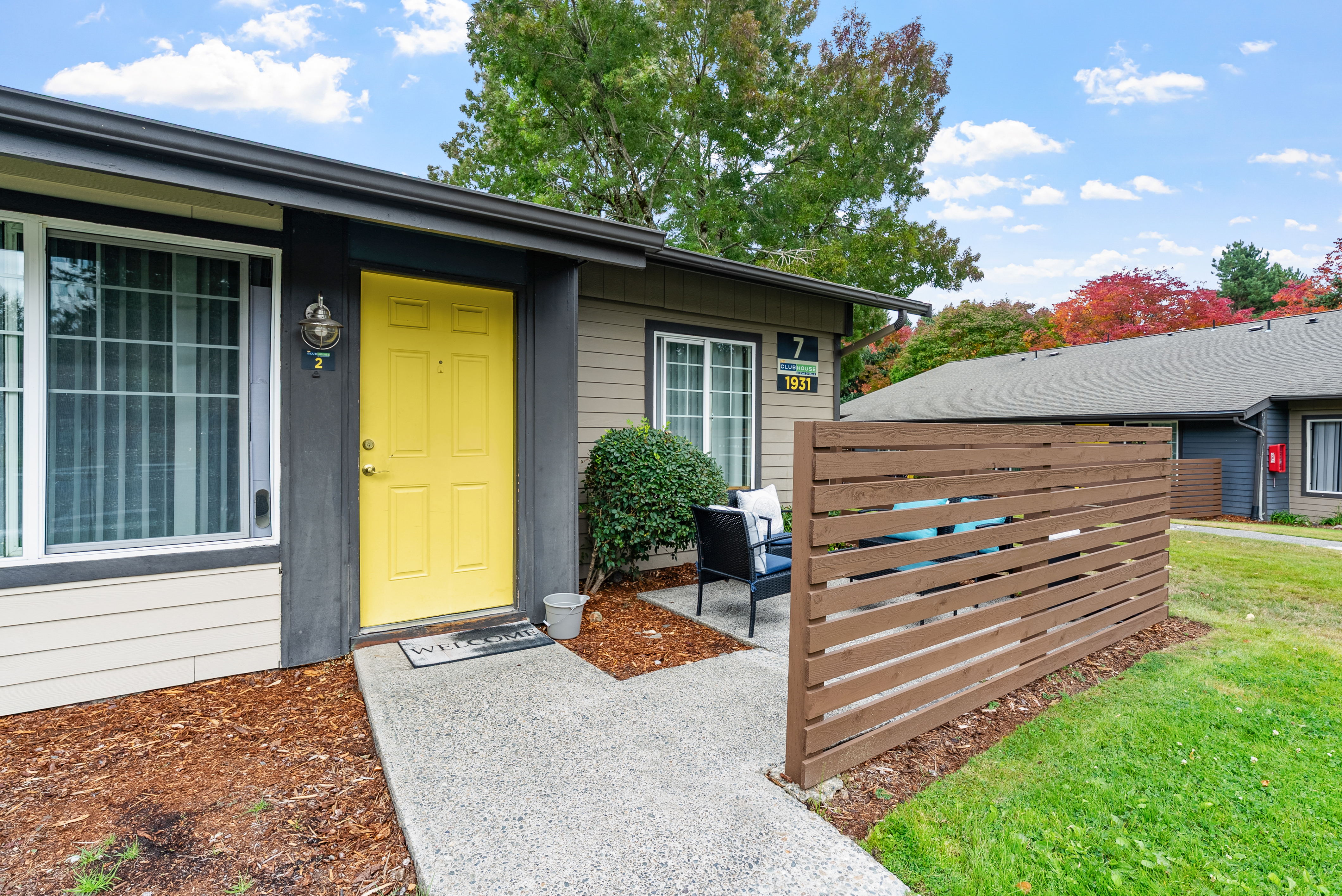 Portland apartment exterior yellow door photography