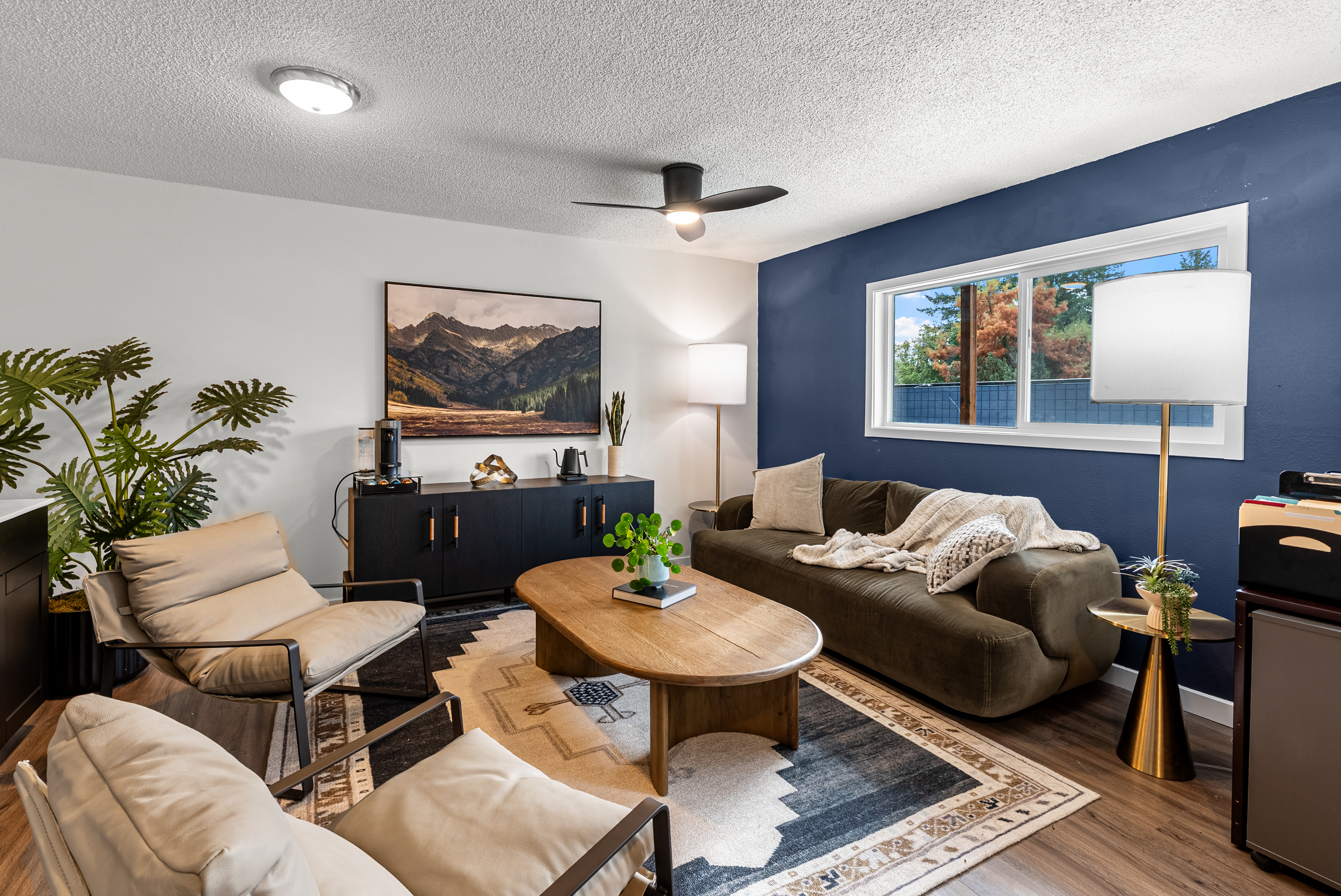 Portland apartment kitchen open to living interior photography